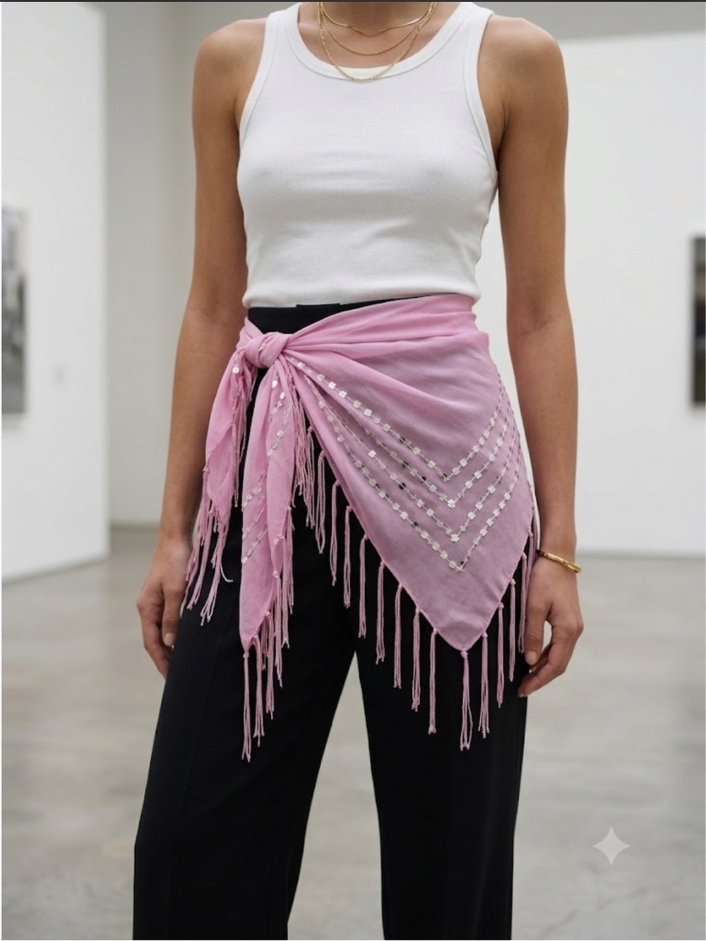 Vintage | Pink Silk Sequins Fringe Scarf Wrapped